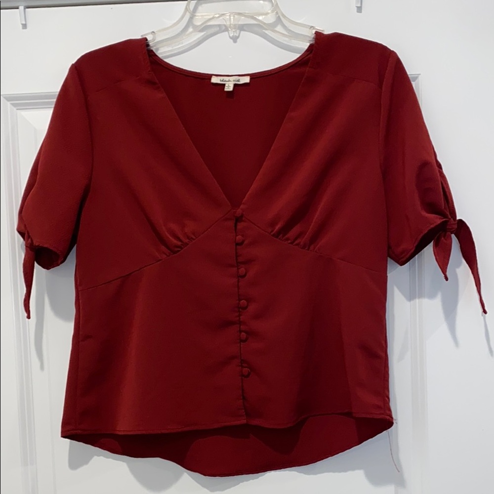 Bleuh Ciel Red Blouse with Tie Front and V-Neck